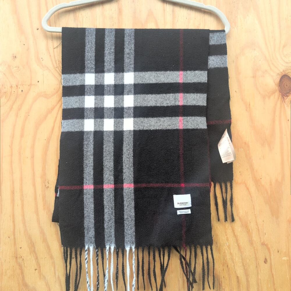Burberry Classic Black Gray Red Check Plaid 100% Cashmere Wide Scarf